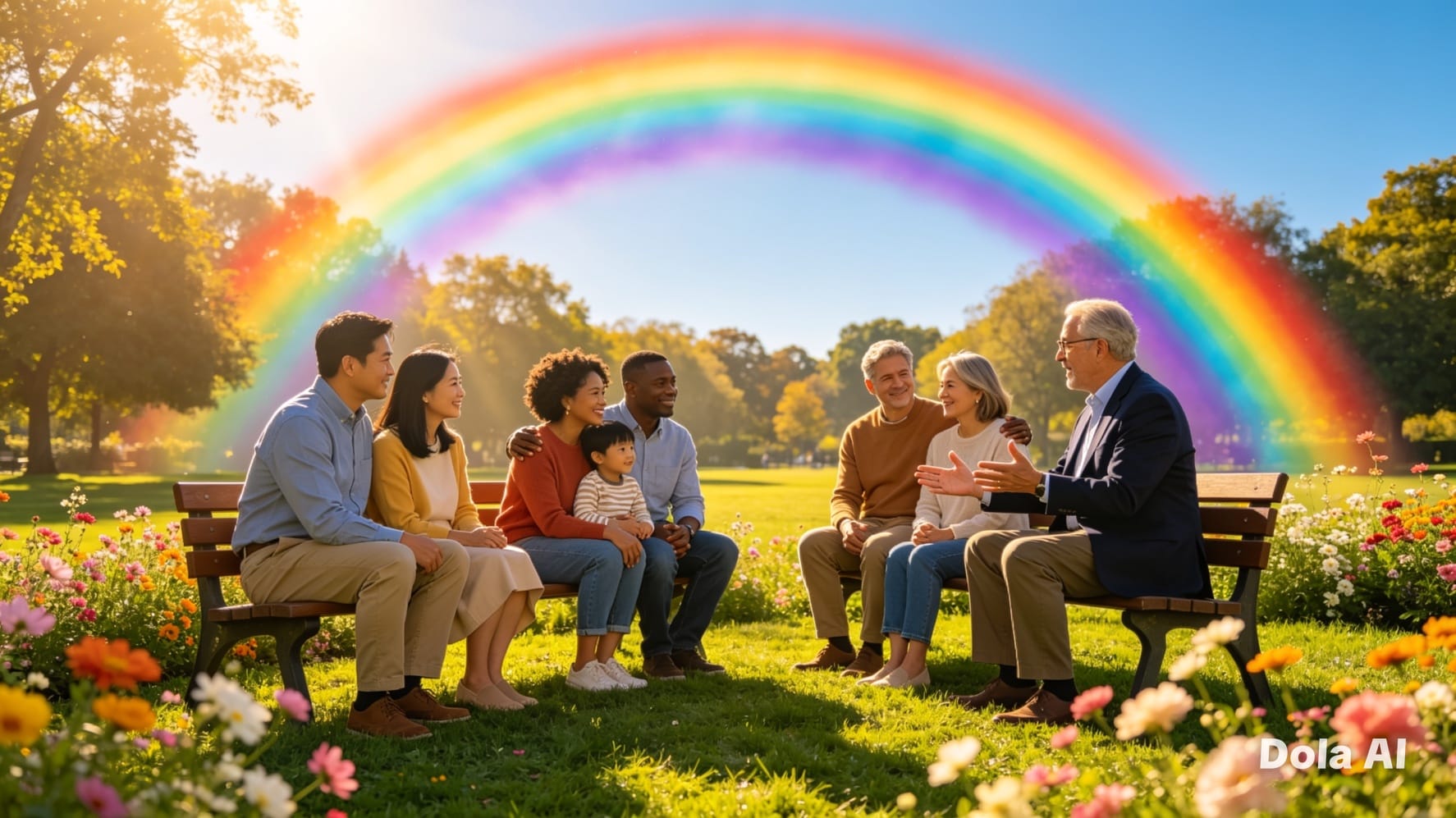 Couples counselling — diverse families and couples in a garden under a rainbow
